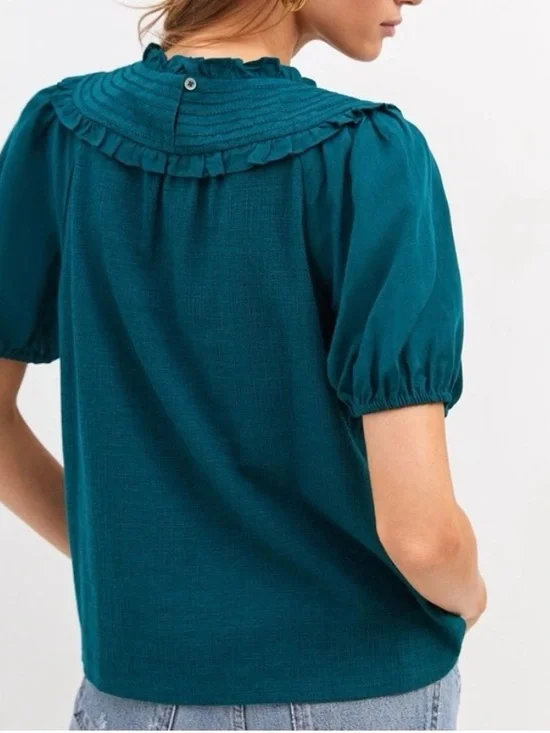 Anthropologie Current Air Smocked Collar Puff Sleeve Top in Deep Teal M - Picture 2 of 12